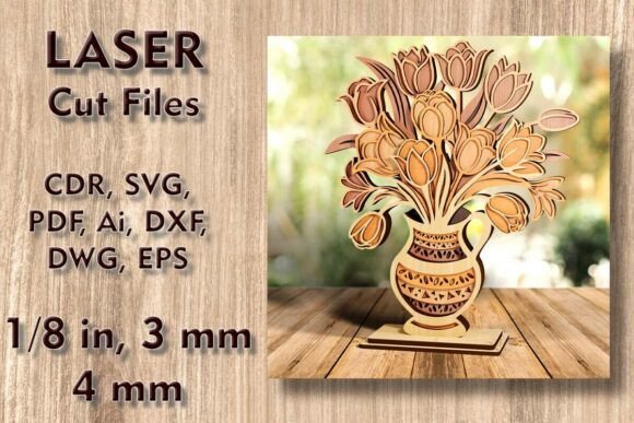 Download Vase with Tulips 3D Laser Cut Files - Cut files Collection